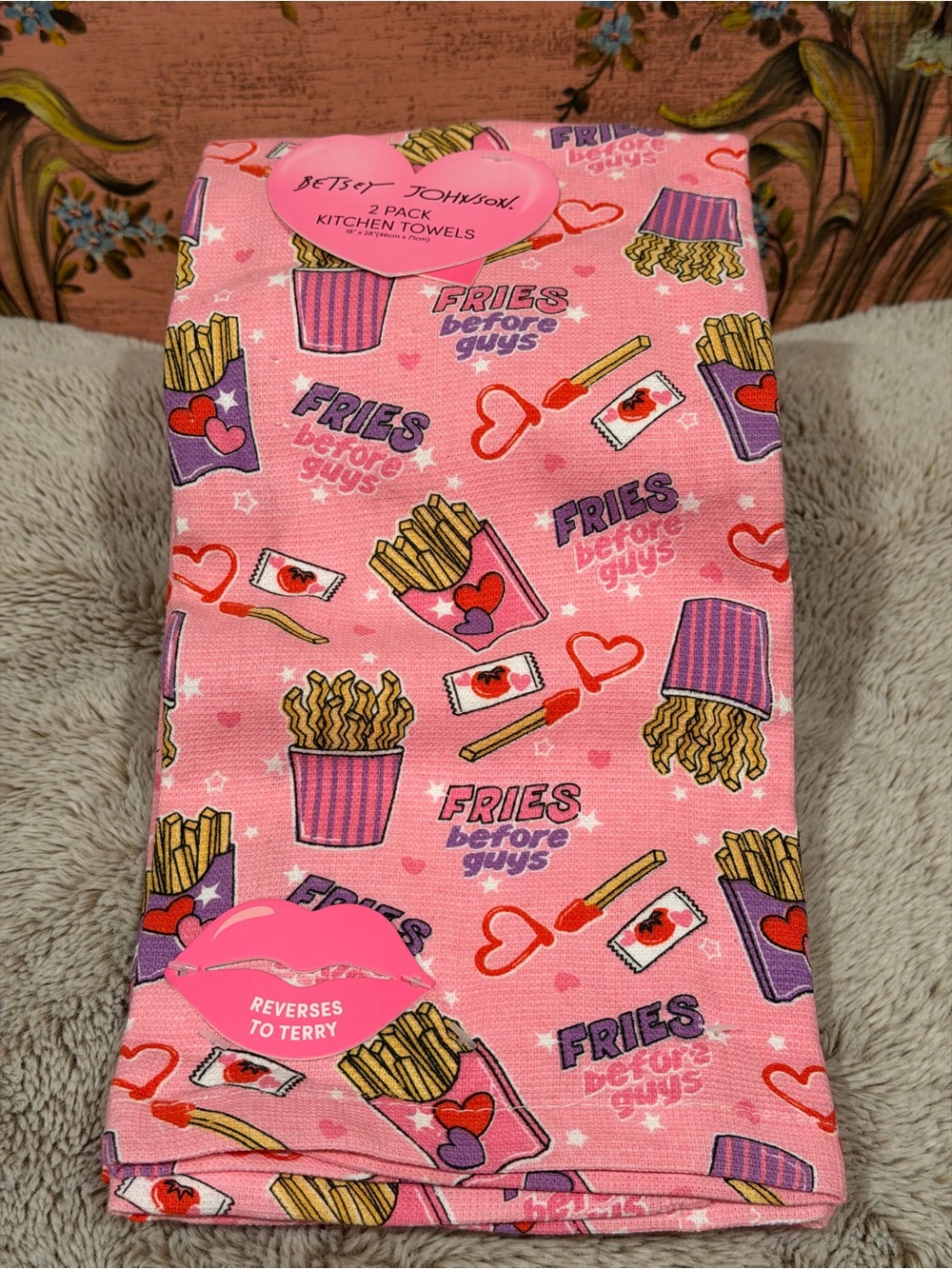 Betsey Johnson Pink Fries Before Guys Kitchen Towels - Playful Fry Print